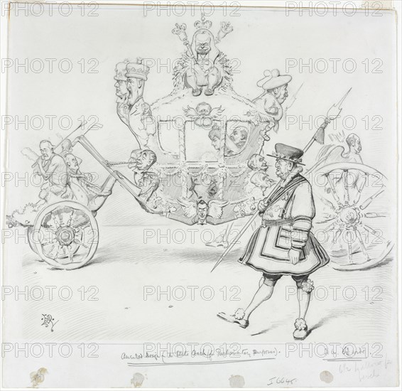 The Stagecoach for Parliamentary Purposes (recto) Study for Cab and Front Left Wheel of Coach and Study for Head of Crowned Figure Seated on Top of Coach (verso). Edward Tennyson Reed (British, 1860-1933). Graphite; sheet: 29.5 x 30.2 cm (11 5/8 x 11 7/8 in.); image: 25.7 x 30.2 cm (10 1/8 x 11 7/8 in.).