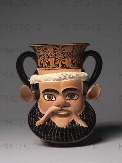 Janiform Kantharos, c. 470-460 BC. Greece, Athens, 5th Century BC. Molded earthenware with slip decoration; overall: 19.6 x 17.2 cm (7 11/16 x 6 3/4 in.); diameter of base: 8.5 cm (3 3/8 in.); diameter of rim: 15.3 cm (6 in.).