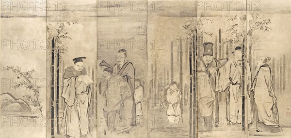 Seven Sages of the Bamboo Grove, 1600s. Kano Tan’yu (Japanese, 1602-1674). Pair of six-fold screens; ink on paper; overall: 161 x 339 cm (63 3/8 x 133 7/16 in.).