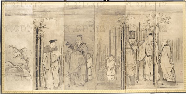 Seven Sages of the Bamboo Grove, 1600s. Kano Tan’yu (Japanese, 1602-1674). Pair of six-fold screens; ink on paper; overall: 161 x 339 cm (63 3/8 x 133 7/16 in.).