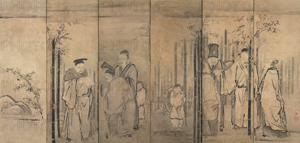 Seven Sages of the Bamboo Grove; Four Elders of Mt. Shang, 1600s. Kano Tan’yu (Japanese, 1602-1674). Pair of six-fold screens; ink on paper; overall: 161 x 339 cm (63 3/8 x 133 7/16 in.).