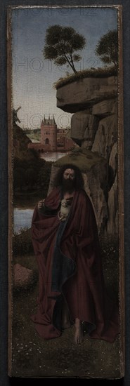 Saint John the Baptist in a Landscape, c. 1445. Attributed to Petrus Christus (Netherlandish, c. 1410-1475/76). Oil on panel; unframed: 40.2 x 12.5 cm (15 13/16 x 4 15/16 in.); painted surface: 39.6 x 11.5 cm (15 9/16 x 4 1/2 in.).
