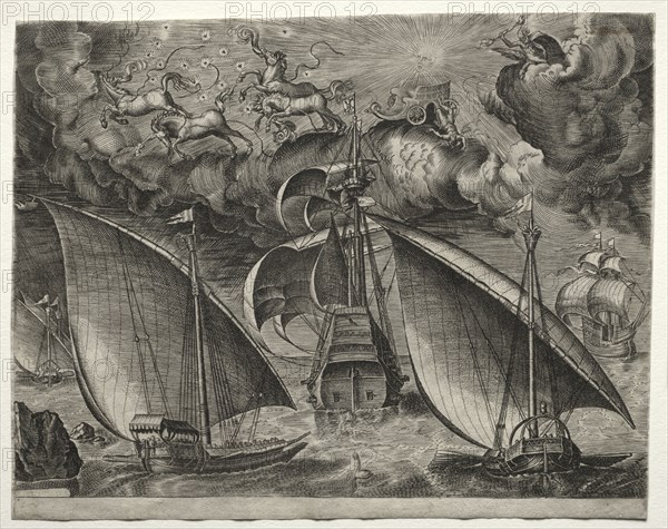 Sailing Vessels: Sailing Vessels: Two Galleys Sailing Behind an Armed Three-Master with Phaeton and Jupiter in the Sky, 1561-65. After Pieter Bruegel (Flemish, 1527/8-1569). Engraving