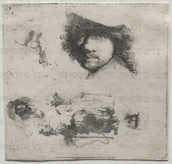 Sheet of Studies:  Self-Portrait, a Beggar Couple, etc., c. 1632. Rembrandt van Rijn (Dutch, 1606-1669). Etching; sheet: 10.1 x 10.7 cm (4 x 4 3/16 in.); platemark: 10 x 10.5 cm (3 15/16 x 4 1/8 in.)
