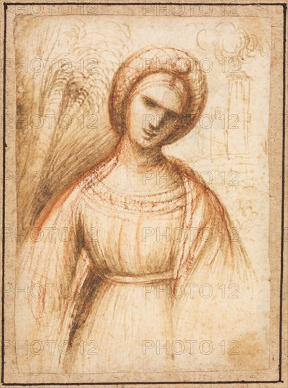 Lady in a Landscape (recto), c. 1521. Possibly by Dosso Dossi (Italian, c. 1490-aft 1541). Brush and brown wash and red chalk (extended with brush and water in places); sheet: 9.7 x 6.8 cm (3 13/16 x 2 11/16 in.); secondary support: 17.5 x 14.9 cm (6 7/8 x 5 7/8 in.).