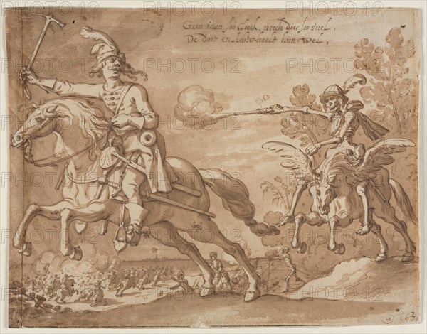 Death on Horseback Chasing a Flying Knight, 1631. Sebastian Vrancx (Flemish, 1573-1647). Pen and brown ink and brush and brown wash, over traces of graphite; framing lines in brown ink (bottom edge); sheet: 20.1 x 26 cm (7 15/16 x 10 1/4 in.).