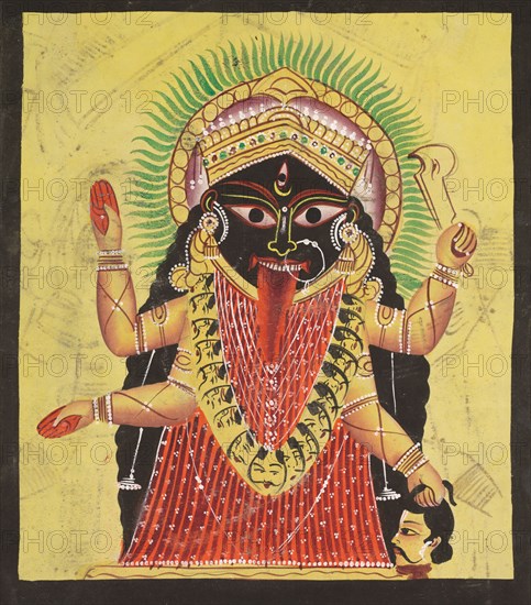Two Aspects of Kali: Kali Enshrined, c. 1880 - 1890. India, Kalighat painting, 19th century. Color on paper; overall: 49.5 x 29 cm (19 1/2 x 11 7/16 in.).