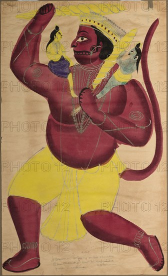 Hanuman, c. 1880. Kalighat painting, 19th century. Color on paper; overall: 46 x 27.5 cm (18 1/8 x 10 13/16 in.).