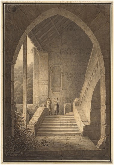 Outer Staircase of a Gothic Ruin (Treppenaufgang einer gotischen Ruine), 1830. Domenico Quaglio (German, 1787-1837). Gray and brown wash and framing lines in pen and black ink; sheet: 24.1 x 16.8 cm (9 1/2 x 6 5/8 in.); image: 23.2 x 15.2 cm (9 1/8 x 6 in.).