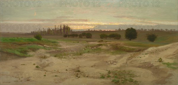 The Marl Pit at Mulcent:  Evening, after 1857. Antoine Chintreuil (French, 1814-1873). Oil on paper, mounted to cardboard, mounted to plywood; framed: 64.2 x 115.8 x 7.7 cm (25 1/4 x 45 9/16 x 3 1/16 in.); unframed: 47.6 x 99.2 cm (18 3/4 x 39 1/16 in.)