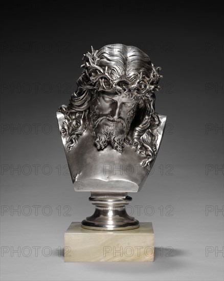 Head of Christ, 1867. Jean-Baptiste Clésinger (French, 1814-1883). Silvered bronze, marble base; overall: 38 x 19.2 x 21.9 cm (14 15/16 x 7 9/16 x 8 5/8 in.); without base: 31 cm (12 3/16 in.)