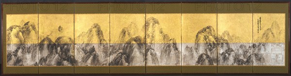 Seventy-two Peaks Against the Blue Sky, 1785. Matsumura Goshun (Japanese, 1752-1811). Eight-panel folding screen, ink with gold and silver foil on paper; image: 51.5 x 275.2 cm (20 1/4 x 108 3/8 in.); overall: 69.6 x 282.4 cm (27 3/8 x 111 3/16 in.); with frame: 72.9 x 285.7 cm (28 11/16 x 112 1/2 in.)