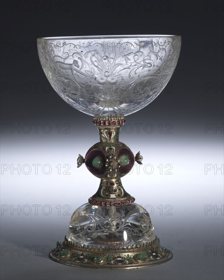 Chalice, c. 1850-1875. Austria (Vienna), 19th century. Rock crystal, gilded and enameled silver, pearls, emeralds, precious stones; diameter: 16.7 x 10.8 cm (6 9/16 x 4 1/4 in.).