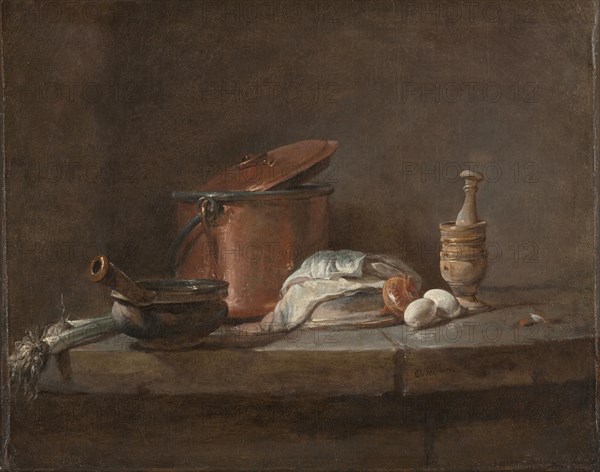 Kitchen Utensils with Leeks, Fish, and Eggs, c. 1734. Jean-Siméon Chardin (French, 1699-1779). Oil on canvas; framed: 52.5 x 60.5 x 7.5 cm (20 11/16 x 23 13/16 x 2 15/16 in.); unframed: 32.2 x 40.7 cm (12 11/16 x 16 in.).
