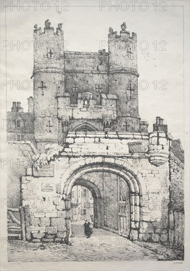 A Series of Ancient Buildings and Rural Cottages in the North of England:  At York, Medieval Gate, 1821. Samuel Prout (British, 1783-1852). Softground etching