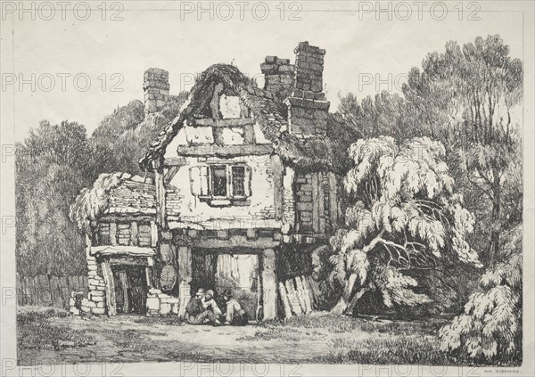 A Series of Ancient Buildings and Rural Cottages in the North of England:  Near Ashbourn, 1821. Samuel Prout (British, 1783-1852). Softground etching