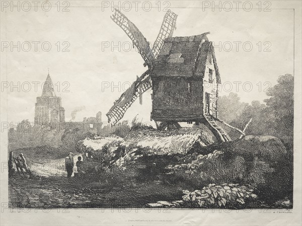A Series of Ancient Buildings and Rural Cottages in the North of England:  At Crowland, Windmill, 1821. Samuel Prout (British, 1783-1852). Softground etching