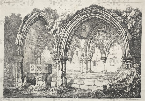 A Series of Ancient Buildings and Rural Cottages in the North of England:  Part of Kirkham Abbey, 1821. Samuel Prout (British, 1783-1852). Softground etching