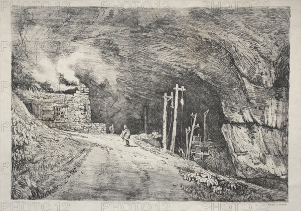 A Series of Ancient Buildings and Rural Cottages in the North of England:  Peak Cavern, 1821. Samuel Prout (British, 1783-1852). Softground etching