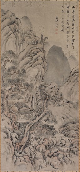 Landscape, 18th century. Nankai Gion (Japanese, 1677-1751). Hanging scroll; ink and color on paper; overall: 74 cm (29 1/8 in.); painting only: 119.7 x 66.1 cm (47 1/8 x 26 in.); including mounting: 190.5 x 68 cm (75 x 26 3/4 in.).