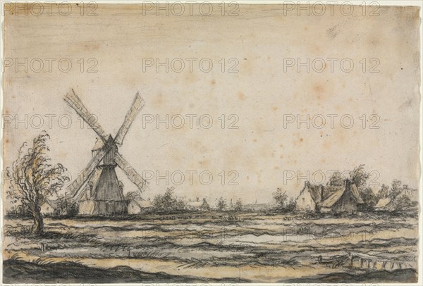 Landscape with a Windmill near a Farmstead, 1642-1644. Aelbert Cuyp (Dutch, 1620-1691). Black chalk and brush and gray wash and yellow watercolor; sheet: 20.8 x 30.8 cm (8 3/16 x 12 1/8 in.).