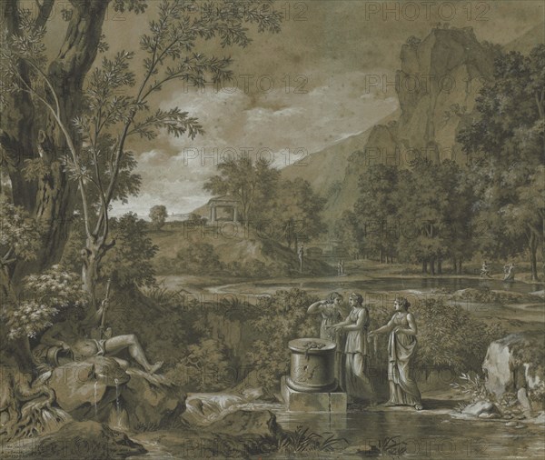 Classical Landscape, 1779. Pierre Henri de Valenciennes (French, 1750-1819). Black gouache and  brush and gray wash, over black chalk and graphite, heightened with white gouache; sheet: 41.3 x 48.3 cm (16 1/4 x 19 in.); secondary support: 43.6 x 52.1 cm (17 3/16 x 20 1/2 in.).