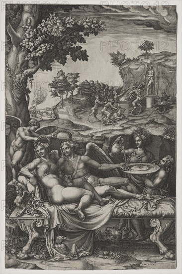 Cupid and Psyche, 1574. Giorgio Ghisi (Italian, 1520-1582), after Giulio Romano (Italian, 1492/99-1546). Engraving; sheet: 36 x 23.4 cm (14 3/16 x 9 3/16 in.)