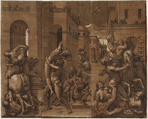 The Abduction of the Sabine Women, 1585. Andrea Andreani (Italian, about 1558–1610), after Giambologna (Flemish, 1529-1608). Chiaroscuro woodcut (in three shades of brown and black)