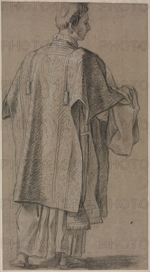 Ecclesiastic Seen from Behind, c. 1645/48. Anonymous, after Eustache Le Sueur (French, 1617-1655). Black chalk heightened with white chalk, squared with stylus; sheet: 42 x 22.9 cm (16 9/16 x 9 in.); secondary support: 42 x 22.9 cm (16 9/16 x 9 in.); tertiary support: 51.4 x 33.1 cm (20 1/4 x 13 1/16 in.).