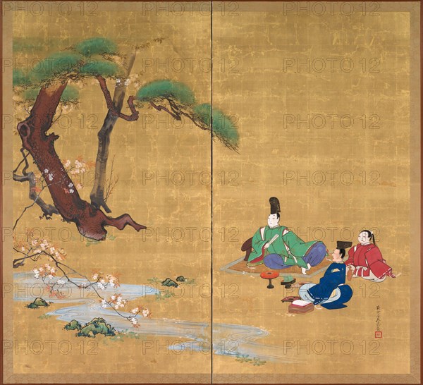 Narihira Viewing the Cherry Blossoms, late 1800s. Shibata Zeshin (Japanese, 1807-1891). Two-panel folding screen; ink, color, lacquer, and gold on silk; image: 175.3 x 190.5 cm (69 x 75 in.); each side: 162.8 x 88.6 cm (64 1/8 x 34 7/8 in.).