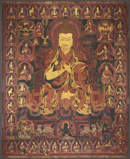 Tsong Khapa, Founder of the Geluk Order, c. 1440-1470. Central Tibet, mid 15th Century. Opaque watercolor and gold on cotton