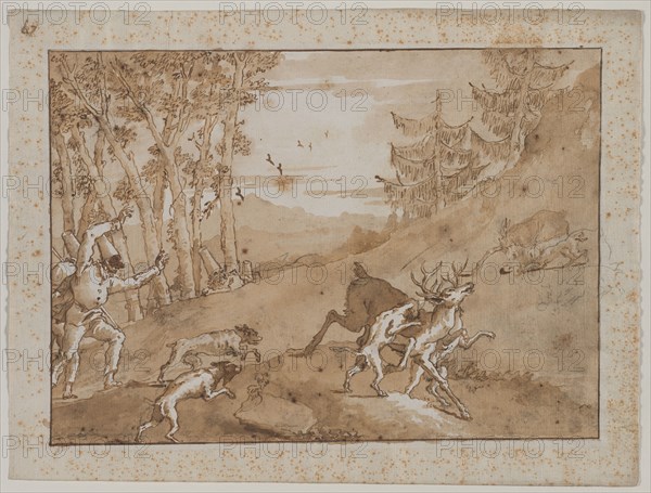 The Stag Hunt, 1790s. Giovanni Domenico Tiepolo (Italian, 1727-1804). Pen and brown ink and brush and brown wash, with black chalk; framing lines in brown ink and graphite; sheet: 35.7 x 47.1 cm (14 1/16 x 18 9/16 in.); image: 29.7 x 41.4 cm (11 11/16 x 16 5/16 in.).