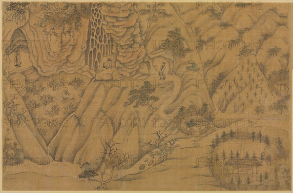 Dwelling in the Longmian ("Sleeping Dragon") Mountains, 1100s-1200s. Follower of Li Gonglin (Chinese, c. 1049-1106). Handscroll mounted as an album leaf, ink and color on silk; image: 26.3 x 43 cm (10 3/8 x 16 15/16 in.); mounted: 38.3 x 53.8 cm (15 1/16 x 21 3/16 in.).