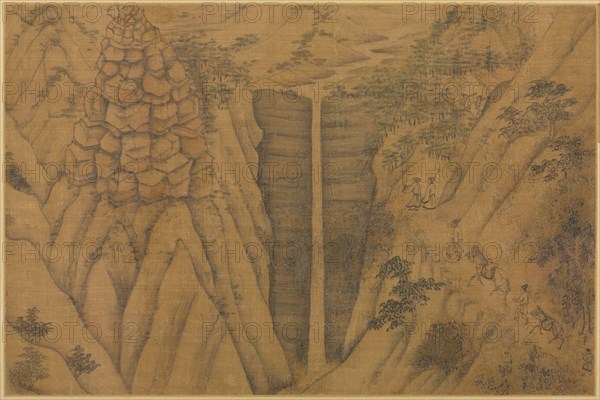Dwelling in the Longmian ("Sleeping Dragon") Mountains, 1100s-1200s. Follower of Li Gonglin (Chinese, c. 1049-1106). Handscroll mounted as an album leaf, ink and color on silk; image: 26.5 x 39.8 cm (10 7/16 x 15 11/16 in.); mounted: 38.3 x 53.8 cm (15 1/16 x 21 3/16 in.).