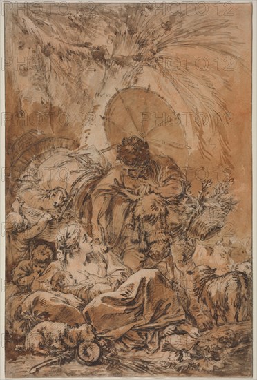 The Departure of Jacob, c. 1755. François Boucher (French, 1703-1770). Pen and brown-black ink, brown ink wash, and red chalk wash, with black chalk on cream laid paper; sheet: 34.8 x 23.1 cm (13 11/16 x 9 1/8 in.).