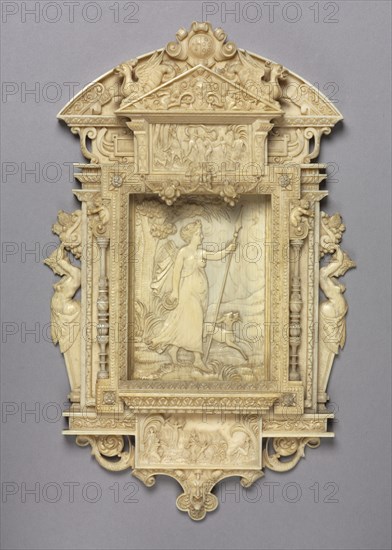 Framed Relief of Diana the Huntress, c. 1850. France (?), 19th century. Ivory; overall: 19.9 x 12.9 x 1.9 cm (7 13/16 x 5 1/16 x 3/4 in.)