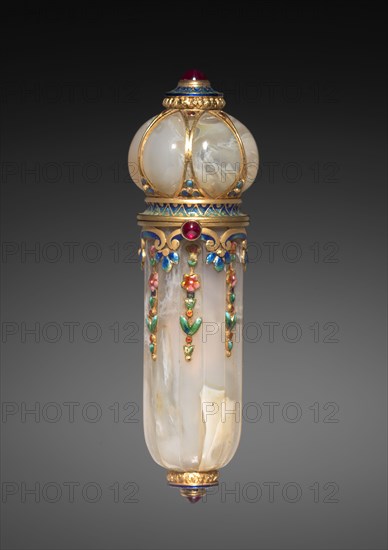 Perfume Vial, c. 1900. Tecla Firm (French). Agate with enamel, gold, rubies; overall: 8.3 x 2.5 cm (3 1/4 x 1 in.).