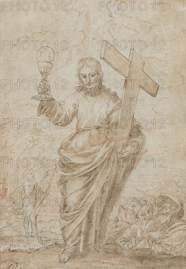 Christ Holding a Chalice and Cross, 1666. Alonso Cano (Spanish, 1601-1667). Pen and brown ink and brown wash;