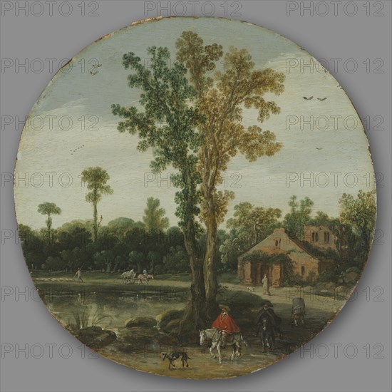 Travelers by a Lake, 1625. Van de Velde Esaias (Dutch, 1587-1630). Oil on wood; framed: 33.5 x 33.5 x 3.5 cm (13 3/16 x 13 3/16 x 1 3/8 in.); diameter: 17.7 cm (6 15/16 in.).