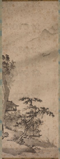 Windy Landscape with Sailboat, mid-1400s. Japan, Muromachi Period (1392-1573). Hanging scroll, ink on paper; image: 83.2 x 30.2 cm (32 3/4 x 11 7/8 in.); overall: 160.7 x 46 cm (63 1/4 x 18 1/8 in.).