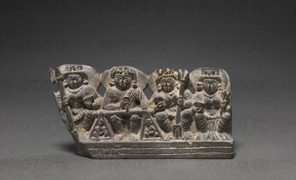 Yama as Dharma, the Judge of the Deceased with His Consorts (minature stele), 800s. Northwest India or Kashmir, 9th century. Schist; overall: 6 x 12 cm (2 3/8 x 4 3/4 in.).