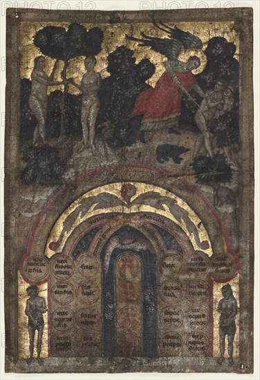Leaf from a Volume of Johannes Andrea's "Lectura super arboris consanguinitatis et affinitatis: Table of Affinity, c. 1331. Master of the Register of 1328 (Italian). Ink, tempera and gold on vellum; sheet: 24.5 x 17.1 cm (9 5/8 x 6 3/4 in.)