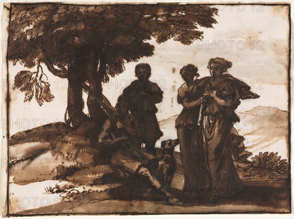 Pastoral Scene with Classical Figures, c. 1640-1645. Claude Lorrain (French, 1604-1682). Pen and brown ink and brush and brown and gray wash over graphite; sheet: 19.2 x 25.8 cm (7 9/16 x 10 3/16 in.); image: 19 x 25.4 cm (7 1/2 x 10 in.)