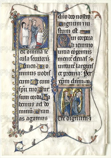 Leaf from a Missal with Two Historiated Initials: Initial P[er omnia saecula saeculorum] (A Priest Celebrates Mass) and Initial V[ere dignum et iustum est] (Ecclesia and Synagogue), c. 1300. France, Beauvais, late 13th-early 14th Century. Ink, tempera, and gold on vellum; sheet: 28.5 x 20 cm (11 1/4 x 7 7/8 in.)