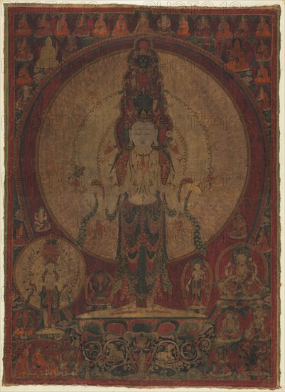 Eleven-Headed, Thousand-Armed Bodhisattva of Compassion (Avalokiteshvara), c. 1500. Western Tibet, early 16th century. Opaque watercolor and ink on cotton; overall: 94.6 x 69.2 cm (37 1/4 x 27 1/4 in.).