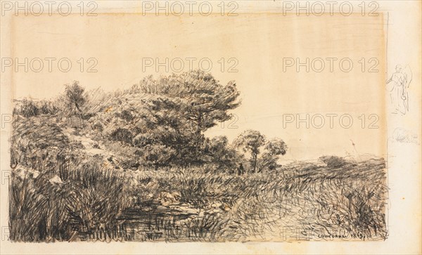 Edge of Marsh at Couronne, 1863. Félix Ziem (French, 1821-1911). Pen and brown ink, black crayon and brush and gray wash; framing lines in black crayon; two figures in right margin in black crayon (top figure) and graphite (bottom figure); sheet: 22.5 x 35.2 cm (8 7/8 x 13 7/8 in.); image: 18.8 x 30.3 cm (7 3/8 x 11 15/16 in.).
