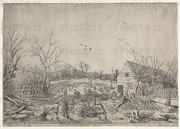 The Great Flood of January 10, 1624 (or Repairing the Broken Dike on the River Lek by Vianen, 1624). Van de Velde Esaias (Dutch, 1587-1630). Etching