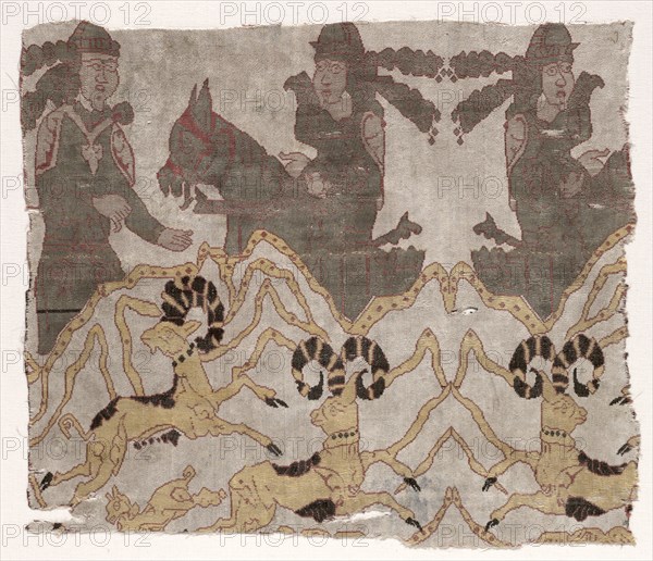 Fragment with Landscape, Hunters and Ibexes, 800s. Iran, Abbasid period, 9th century. Lampas weave, silk; overall: 39.5 x 44.5 cm (15 9/16 x 17 1/2 in.)