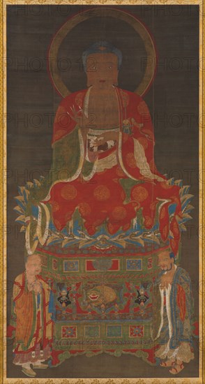 Shakyamuni Triad:  Buddha Attended by Manjushri and Samantabhadra, 1300s. China, Yuan (1271-1368) or early Ming dynasty (1368-1644). Hanging scroll, ink, color and gold on silk; overall: 293.5 x 136 cm (115 9/16 x 53 9/16 in.); painting only: 218.4 x 112.8 cm (86 x 44 7/16 in.); with knobs: 293.5 x 144.2 cm (115 9/16 x 56 3/4 in.).