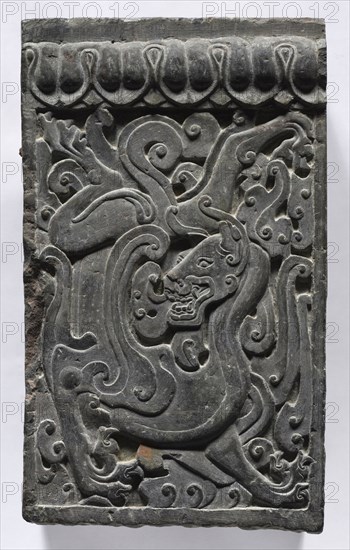 Section of a Coffin Platform: Feline, 550-577. China, Northern Qi dynasty (550-577). Limestone; overall: 45.7 x 211.4 x 10.8 cm (18 x 83 1/4 x 4 1/4 in.); panel: 45.7 x 27.3 x 10.8 cm (18 x 10 3/4 x 4 1/4 in.).
